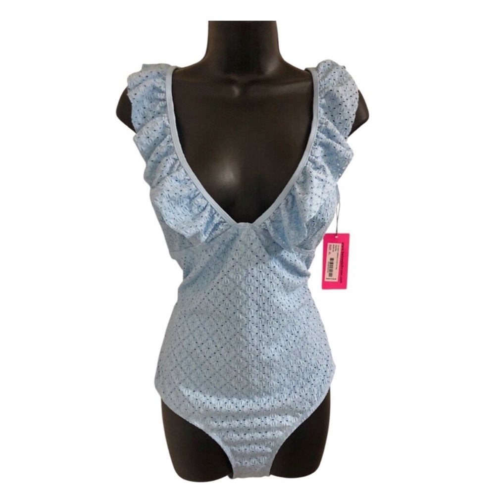 Betsey Johnson Clear sky blue 1piece Ruffle strap eyelet Swimsuit size large new - Picture 2 of 15